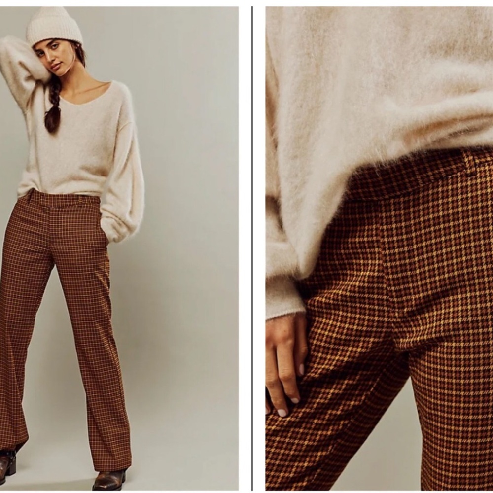 Free People Jana Flare Trouser Pant Rust Houndstooth
